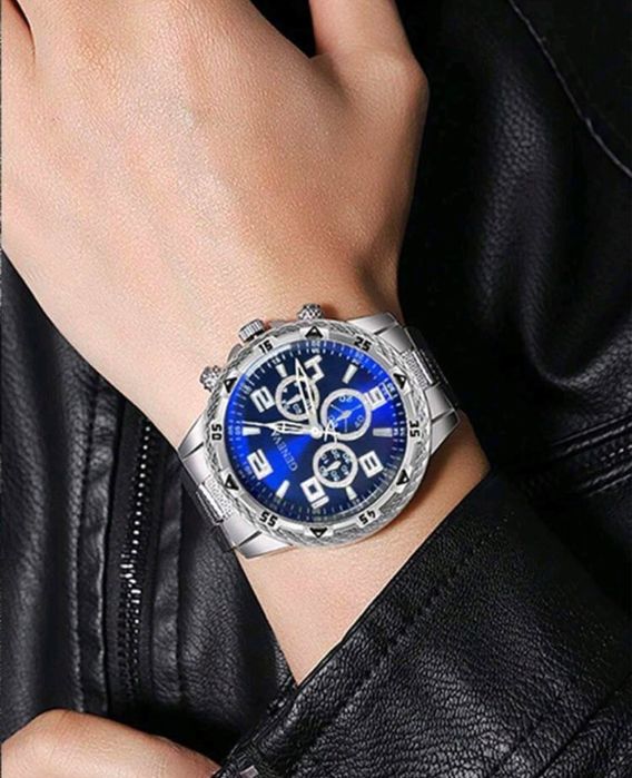 Ceas delux firma Geneva , cronograf cu banda de otel , cadran albastru