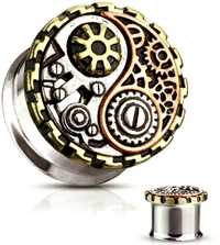 Cercel plug, piercing ureche steampunk yin/yang 10mm