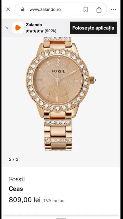 Ceas Fossil damă  gold cu cristale, original + cutie cadou