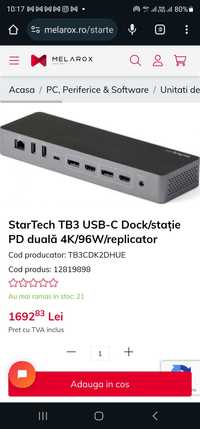 StarTech TB3 USB-C Dock/stație PD duală 4K/96W/replicator