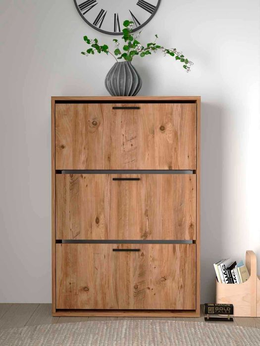 Шкаф за обувки с 3 падащи врати – бял и дървесен цвят/Шкафче за обувки