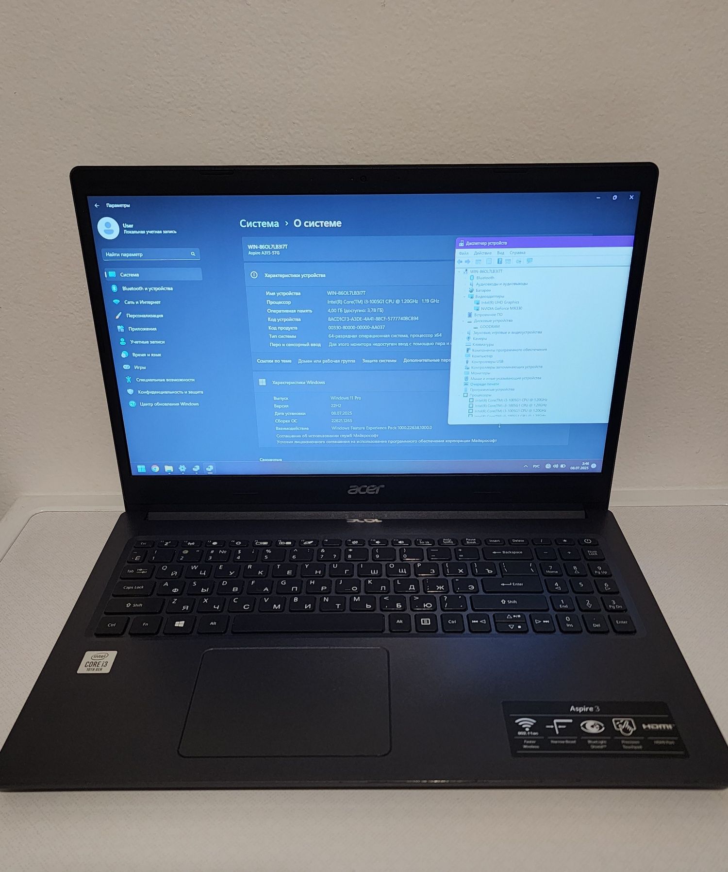 Срочно ноутбук Aser Aspire 3/ Core i3 1005G1/ 4Gb/ SSD256/ Geforce MX3