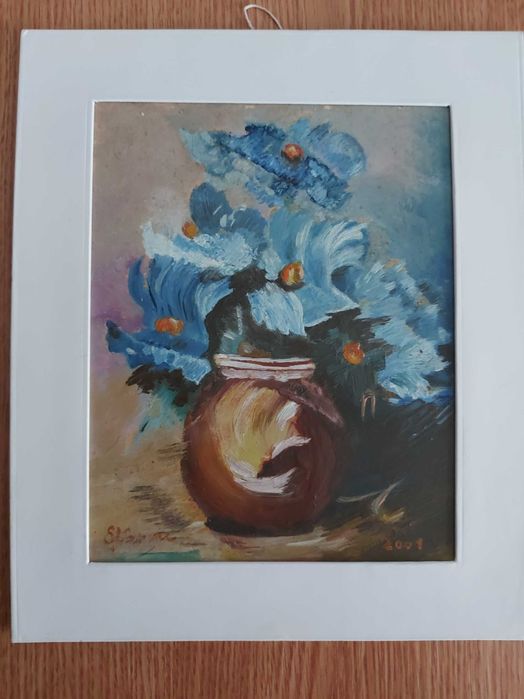 Tablou vechi pictat manual -  Vas cu flori (21x25 cm)