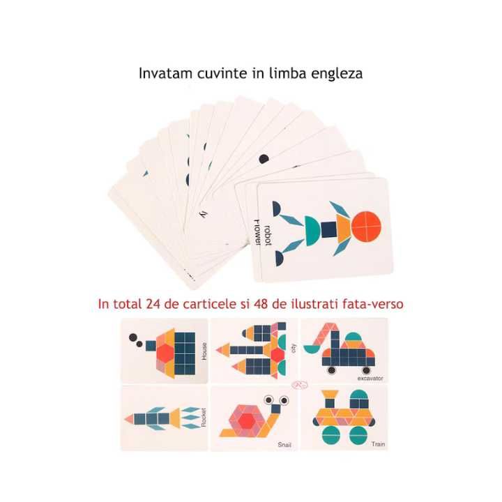 Joc educativ Tangram cu 180 piese multicolore si 48 ilustratii