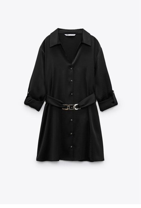 Черна станенеа рокля тип риза с коланче, Zara