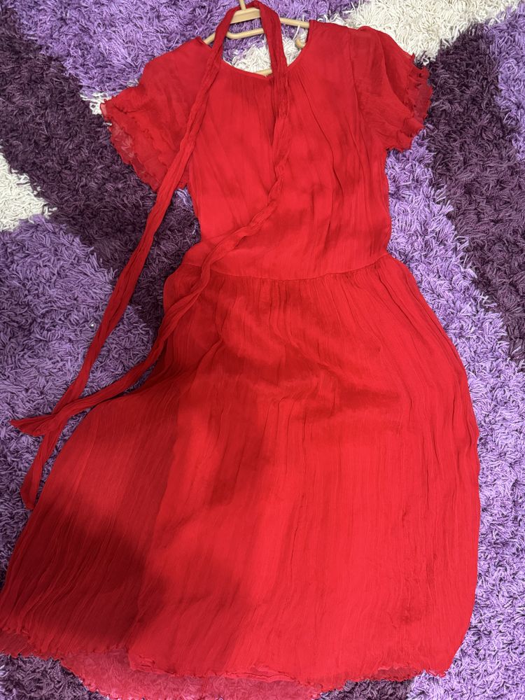 Rochie ocazie matase rosie cu cordon