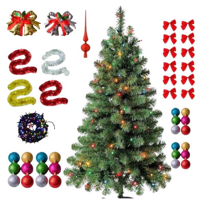 Brad Artificial 180 Cm,suport metalic + Decoratiuni multiple +Luminite