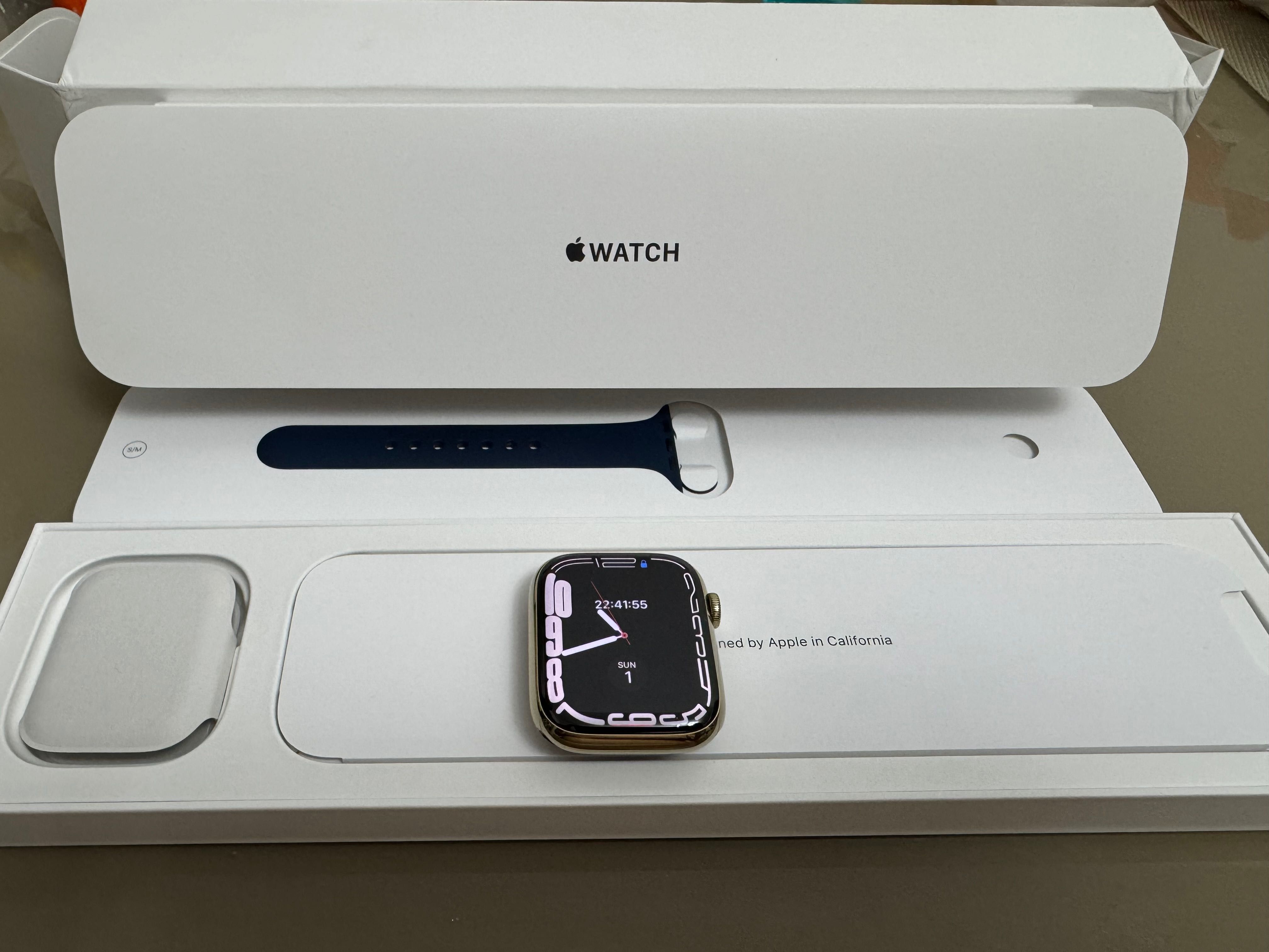 Apple Watch SERIES 7 Gold Stainless Steel Blue SportBand 45MM Cellular