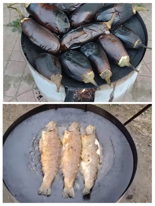 Combina gătit afară. Disc, paravânt, suport ceaun, tigaie-grătar.