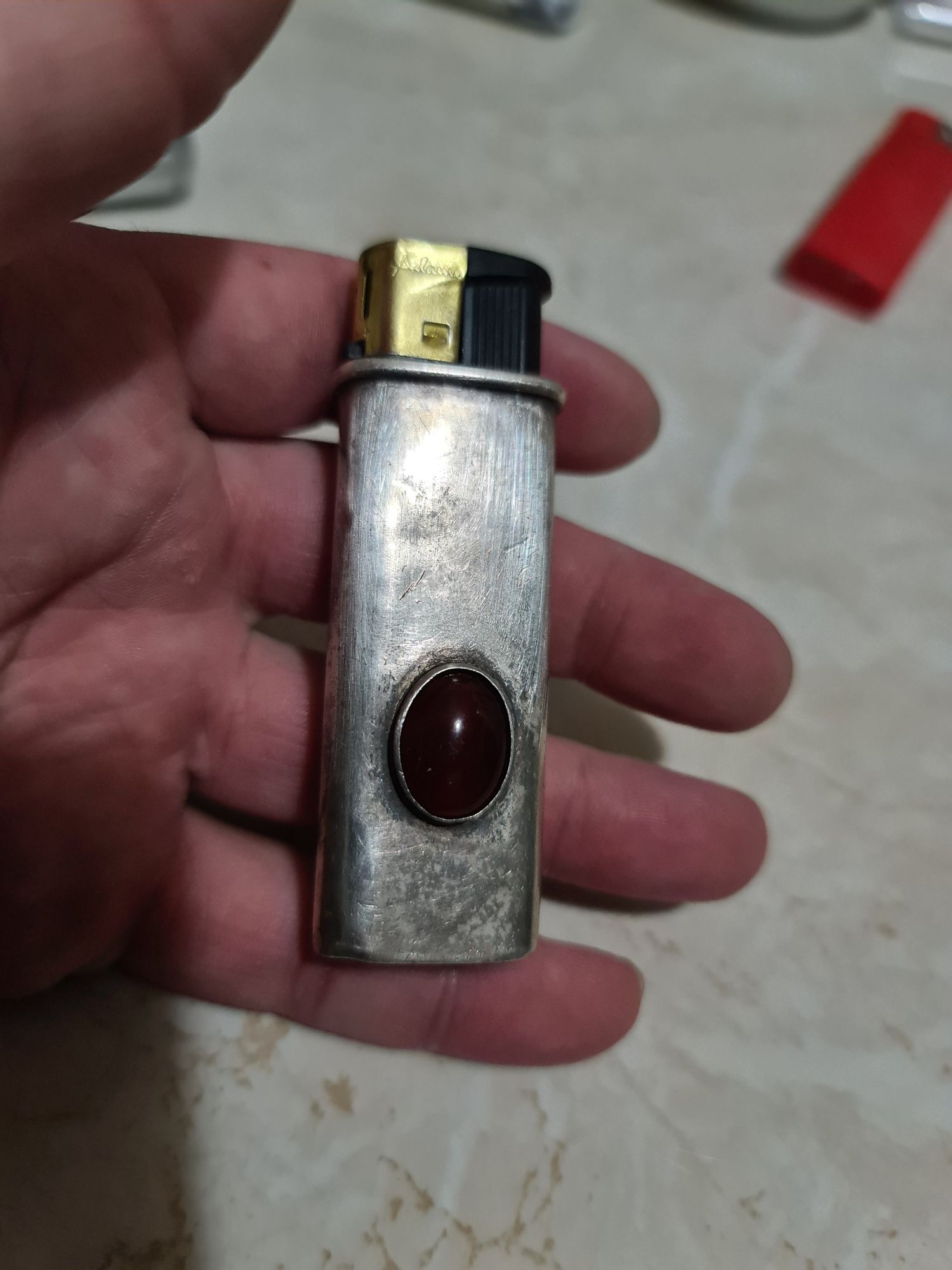 Superba carcasa etui bricheta argint 950 piatra carneol stare buna