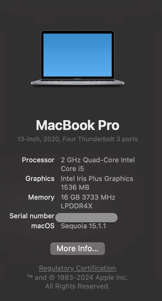 Macbook Pro 13' 2020 w/ touchbar , 16 GB, 512 GB SSD, Retina