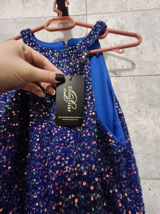 Rochie scurtă elegantă cu paiete Dressystar – halterneck, albastru reg