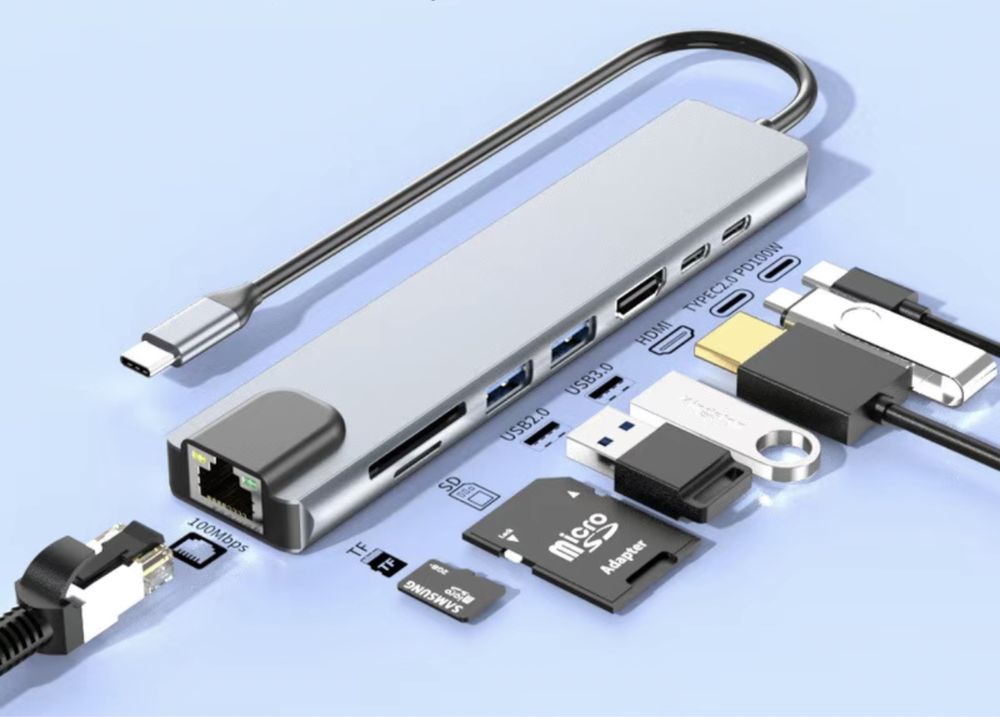 Докстанция Адаптер 8в1 Переход type C - lan rj45 Usb  Hdmi картридер