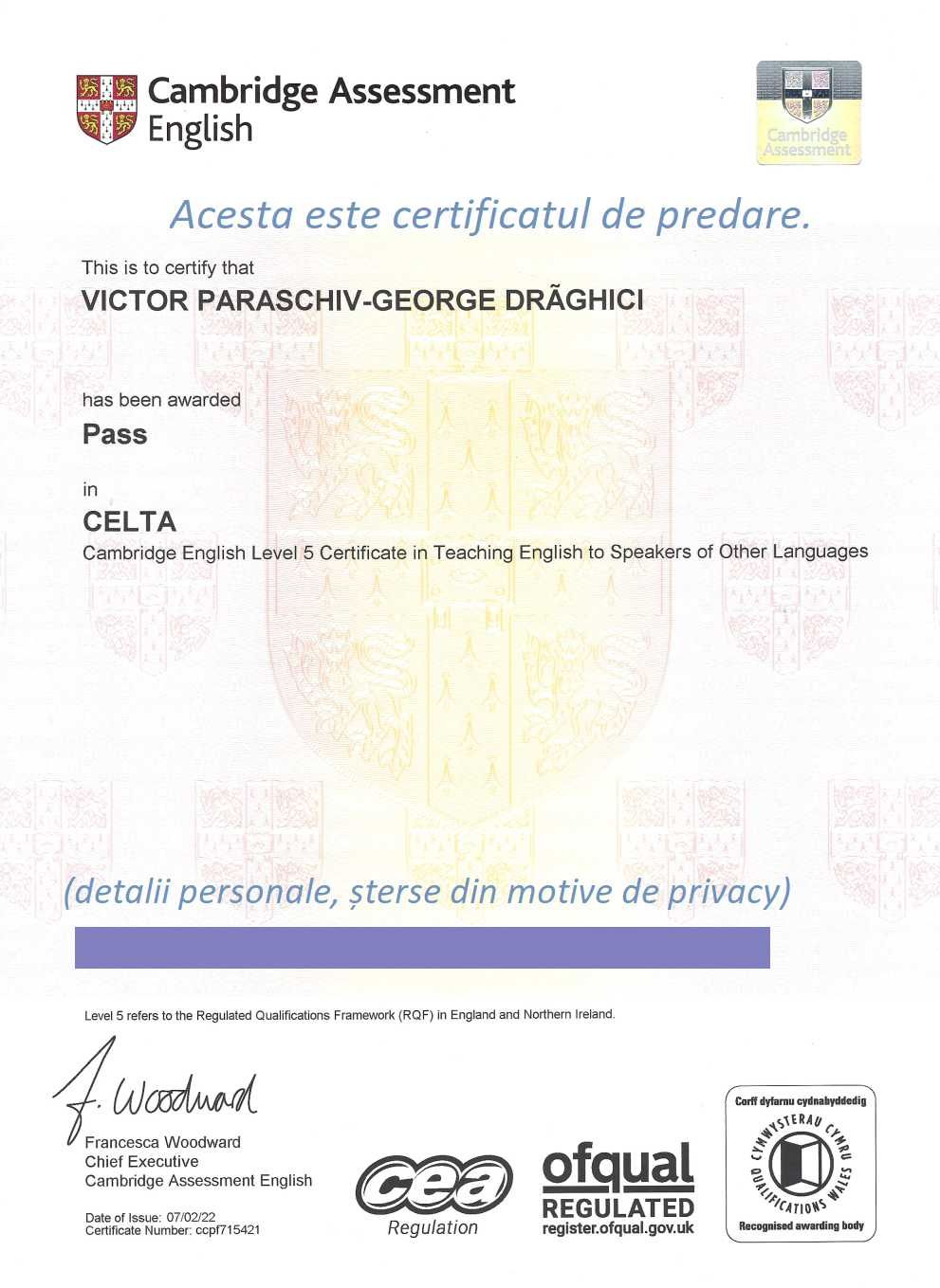 Ședințe engleză - profesor certificat de Cambridge, nivel C2, 7 ani XP