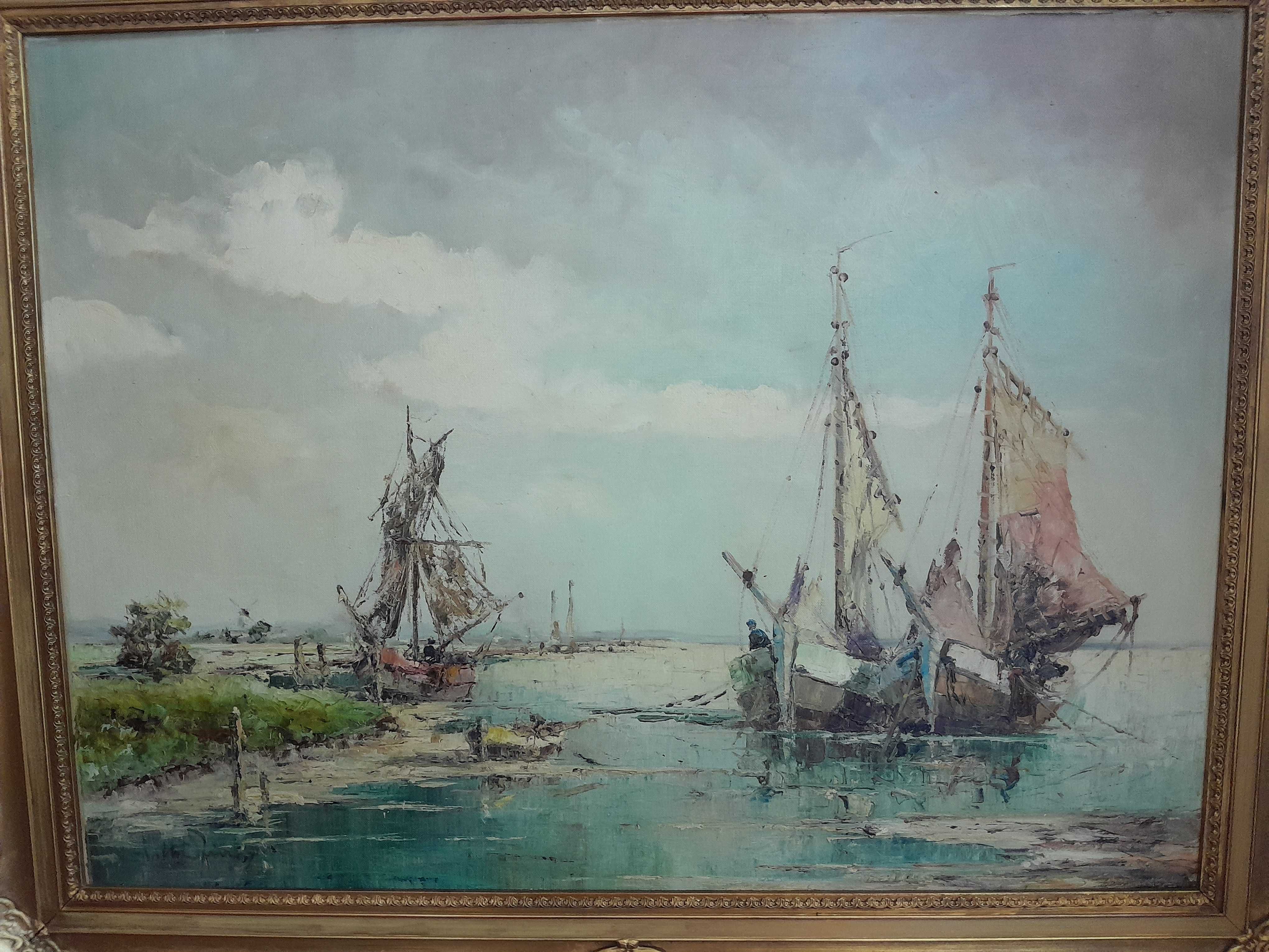 Tablou vechi, pictură flamandă, marină, U/P - 100cm x 80cm, ramă epocă
