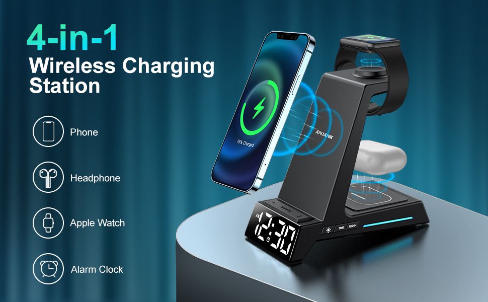 ANJANK 4в1 Безжична зарядна станция с будилник,iPhone 15/Samsung