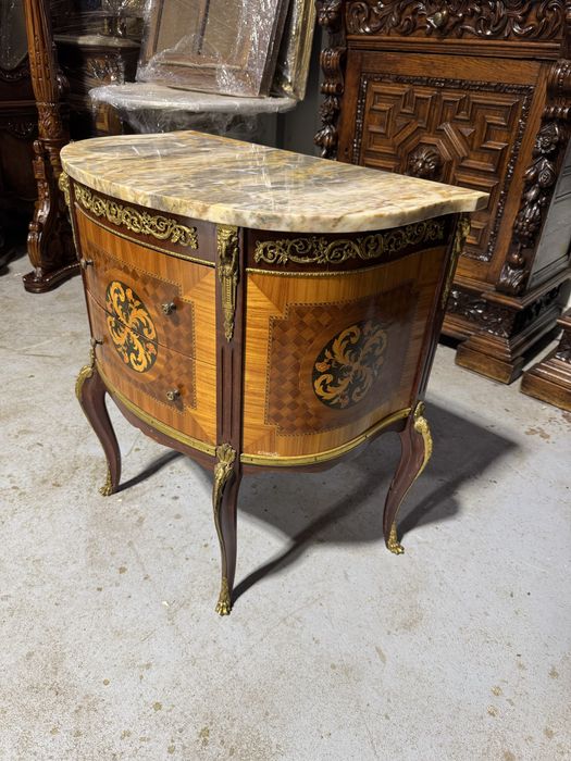Comodina Louis XVI din lemn masiv, cu blat marmura, intarsii si bronz