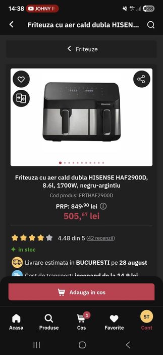 Friteuză cu aer cald dublă Hisense HAF2900D, 8.6L, 1700W – Sigilat NOU