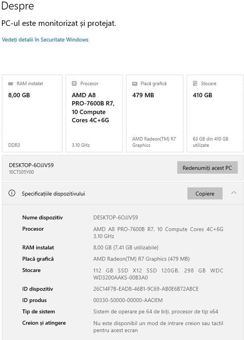 Unitate PC AMD A8 7600 3,1Ghz, 8GB, 120GB+320GB, Radeon R7 512MB Win10