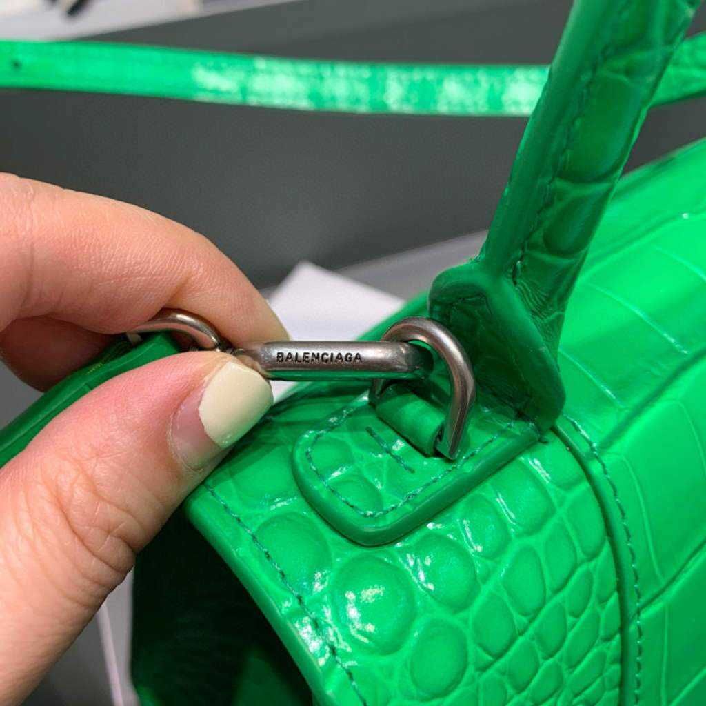 Balenciaga  Hourglass Small Top Handle Crocodile Bag Green Silver