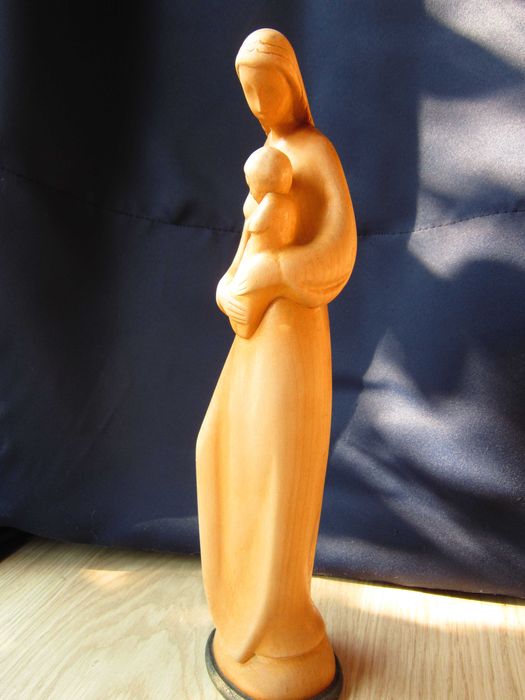 cadou unic Maria cu pruncul Madonna Mid-Century Stilizat vintage lemn
