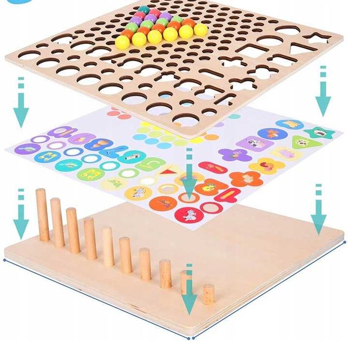 Дървен пъзел 7в1 с топчета пъзел рингове монтесори мозайка с риболов