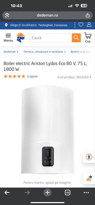 Boiler electric Ariston Lydos Eco 80 V, 75 L, 1800 W