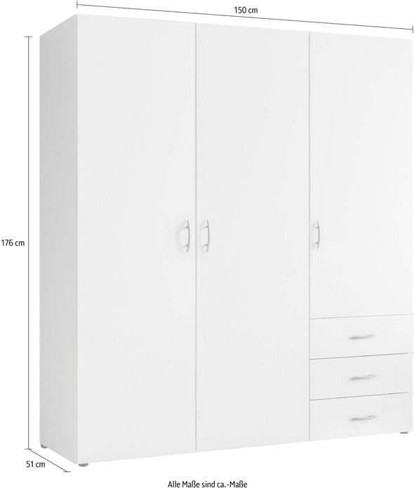 Dulap dormitor Harry, 150x176 cm, alb, 3 uși rotative, 3 sertare