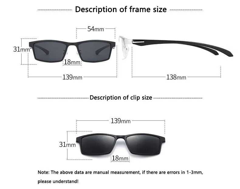 Set rama ochelari cu clip on magnetic, lentile de soare, pachet 6 in 1