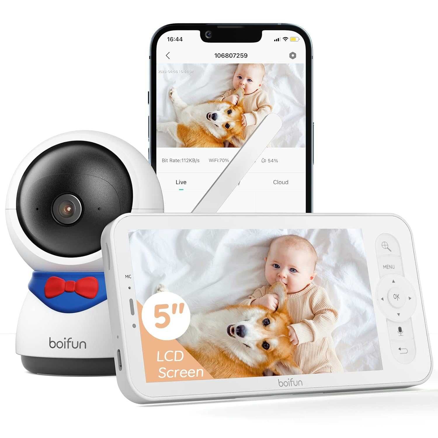 НОВ Бебефон BOIFUN 5" 1080P, управление чрез екрана + приложение...