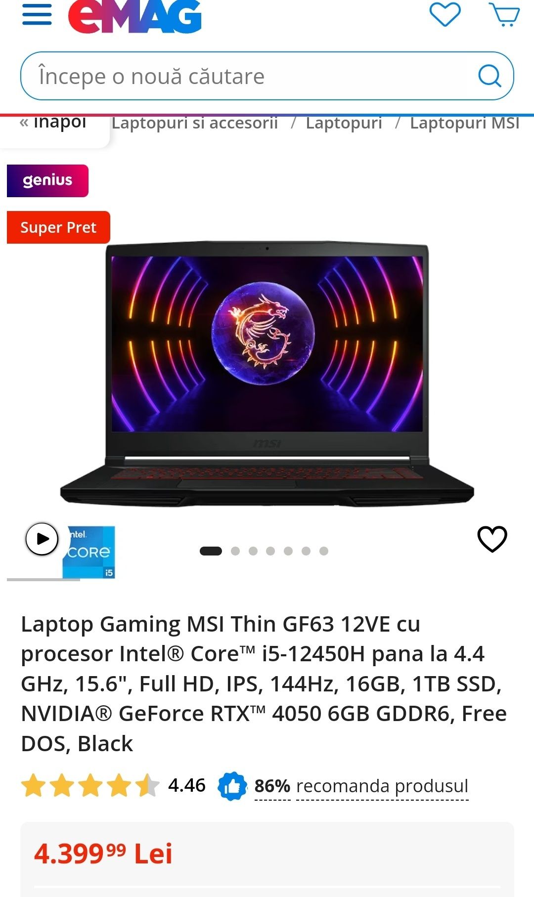 Laptop Gaming MSI Thin GF63 12VE