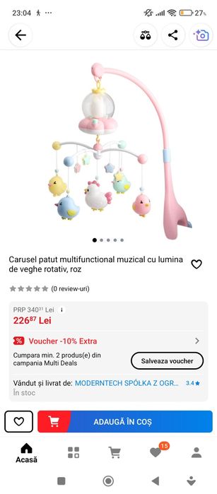 Carusel patut multifunctional muzical cu lumina de veghe rotativ, roz