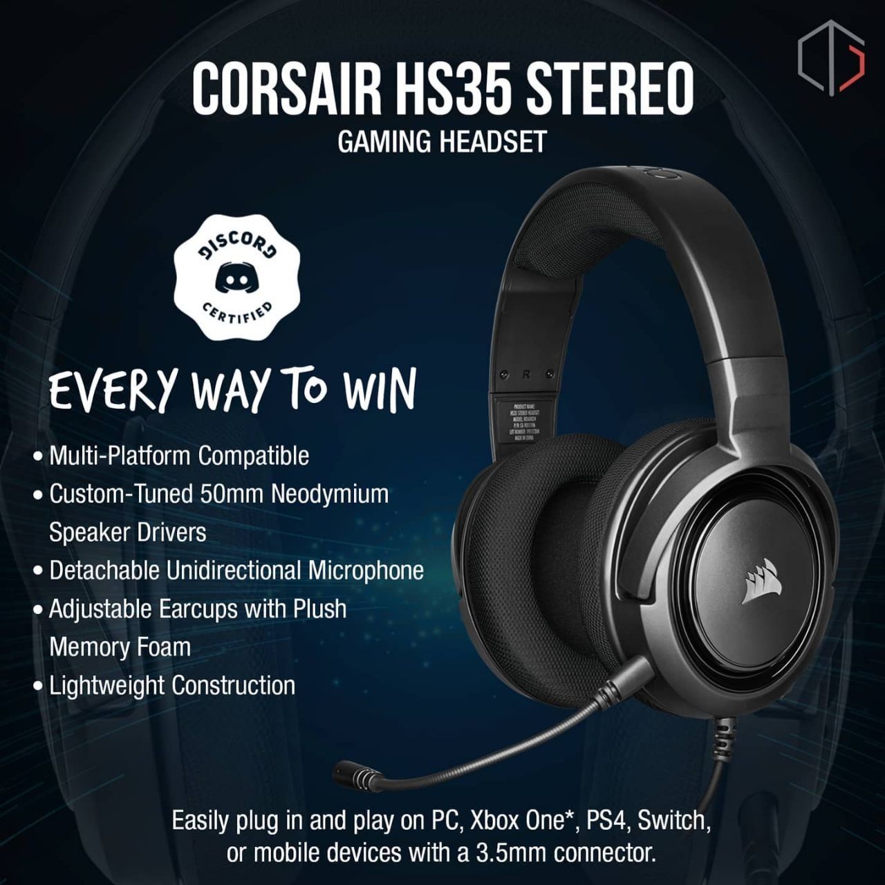 Топ! Corsair HS35 STEREO Игровые Проводные Наушники/Гарнитура