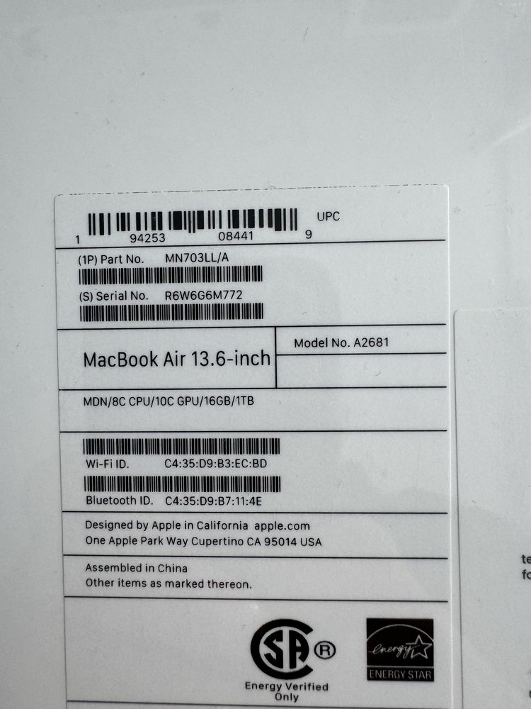 Macbook air with M2 1TB / 16Gb
