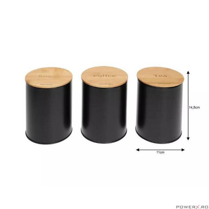 Recipiente pentru cafea, ceai, zahar, inox-bambus, negru, rotund, 3