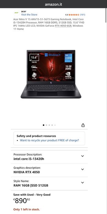 Laptop Gaming Acer Nitro V15 i5 RTX 4050 16GB 512GB 165Hz Nou Sigilat