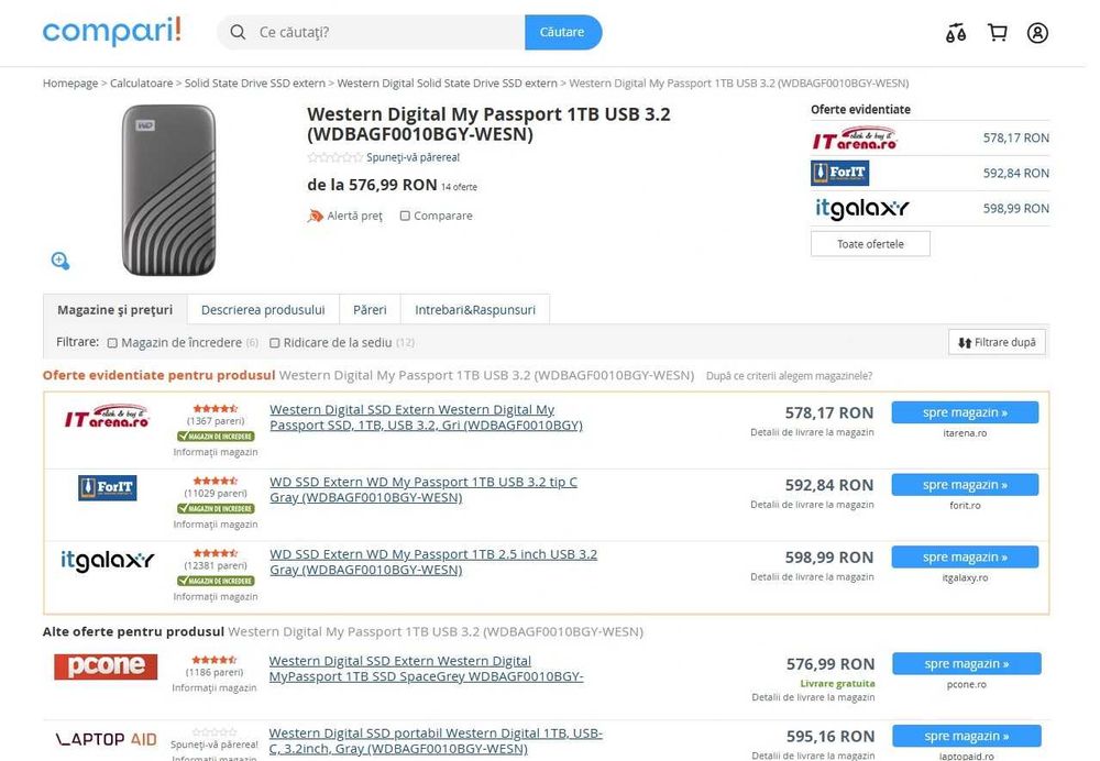 SSD Extern WD My Passport 1TB, USB 3.2 Tip-C – Nou, Sigilat