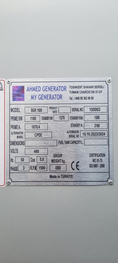 Generator AHMED Turkiya 1700 Kwa 1260 kw