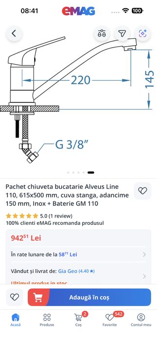 Pachet chiuveta bucatarie Alveus Line 110 Inox + Baterie GM 110