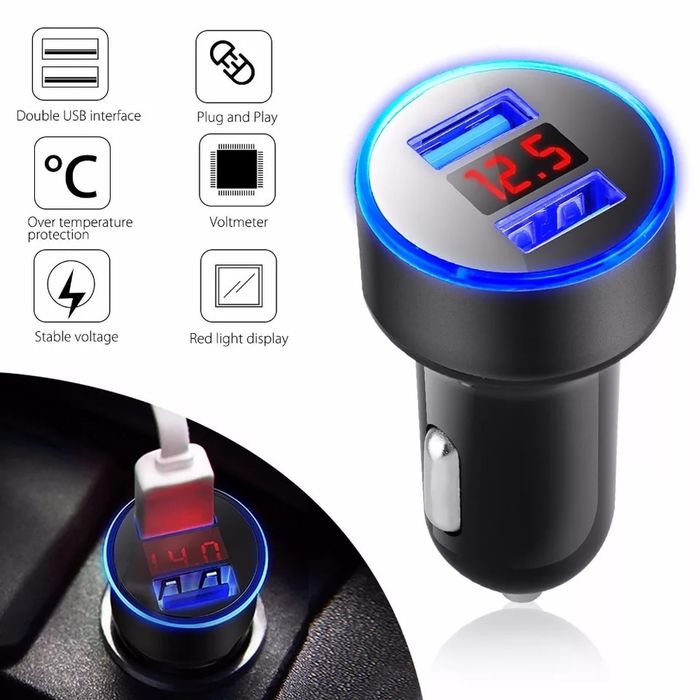 Încărcător auto 2 USB cu voltmetru