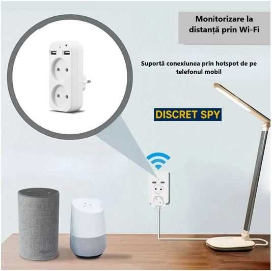 Cameră spion Wi-Fi 1080p ascunsă în adaptor de priză dublu cu USB 
.
