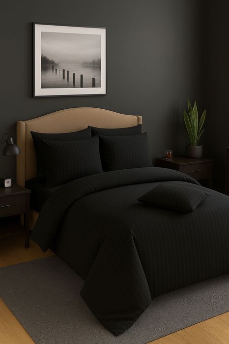Lenjerie pat neagra 4 piese - bumbac damasc premium,model dungi