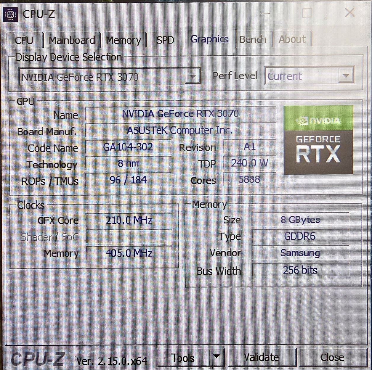 Nvidia GeForce Asus RTX 3070 8Gb 256 Bits