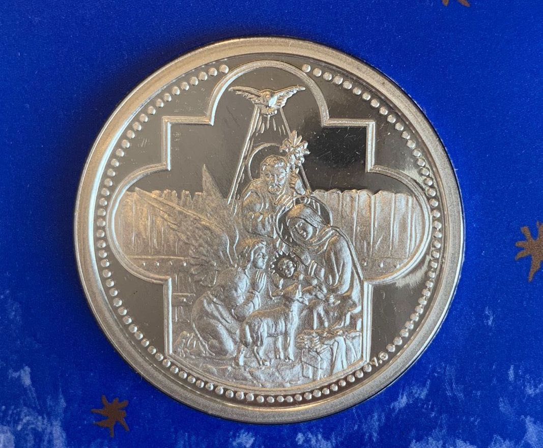 Felicitare medalie Crăciun religios 2005, argint, Monetăria Statului