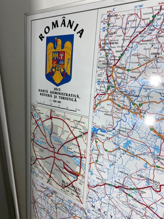 Hartă România Ramă Aluminiu 193X140cm Administrativă Rutieră Turistică
