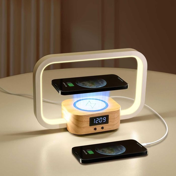 Lampă noptieră LED Yamyone, wireless charger, ceas, USB