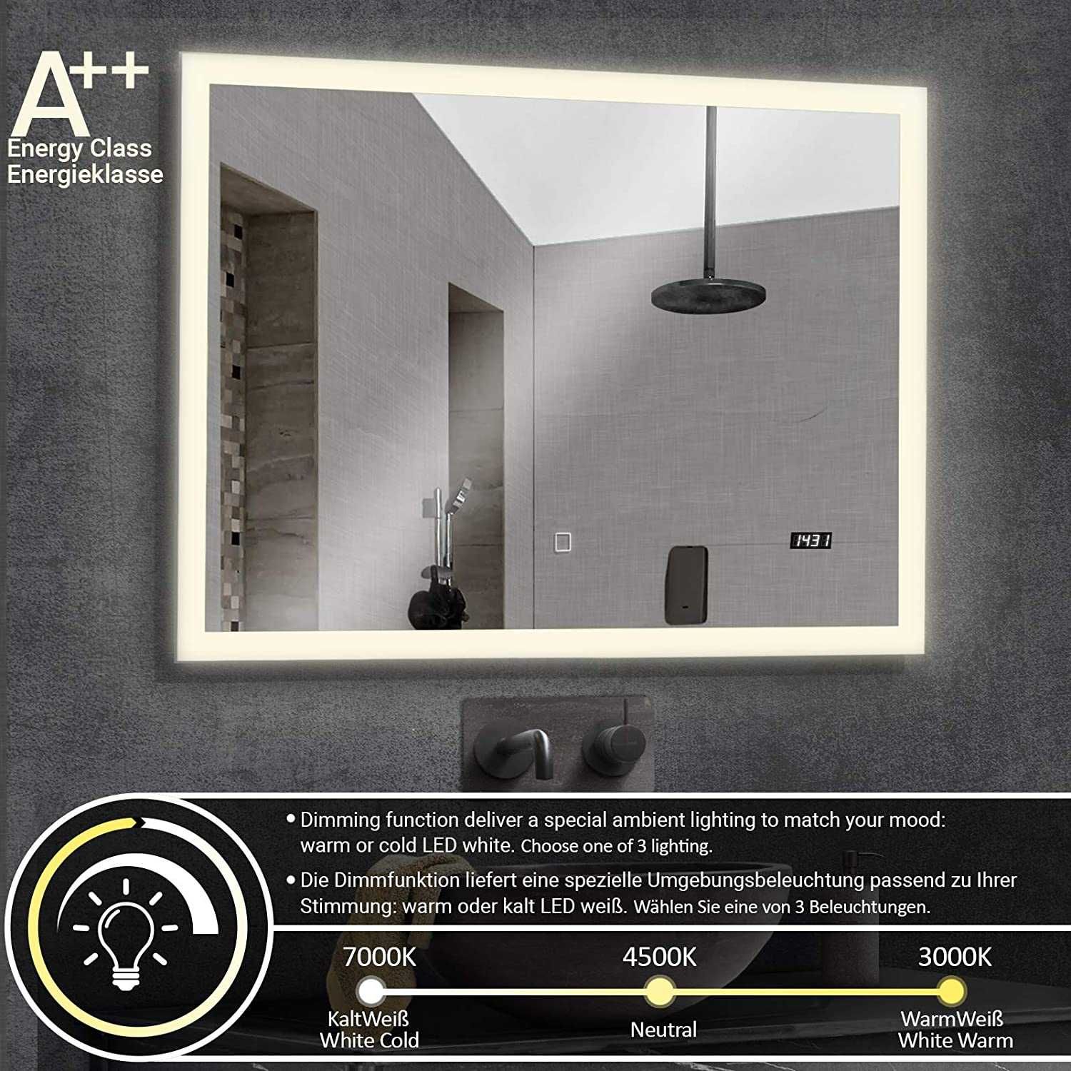 *Oglinda de baie, iluminare LED, clasa A++, difuzor bluetooth, 80 x 60