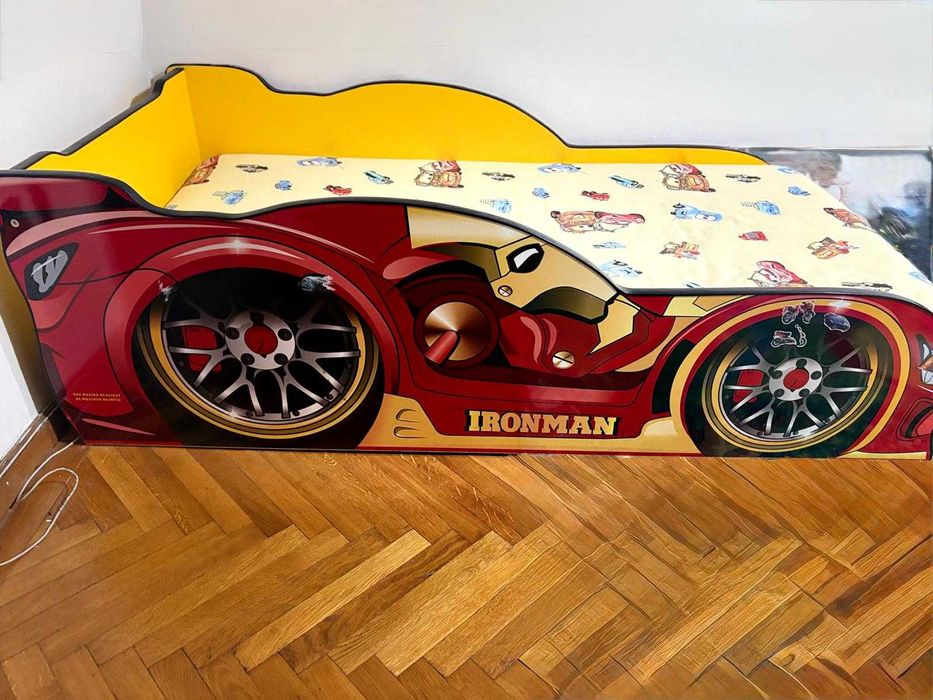 Pat Iron Man cu saltea 160x80x12cm, pentru copii 2-12 ani