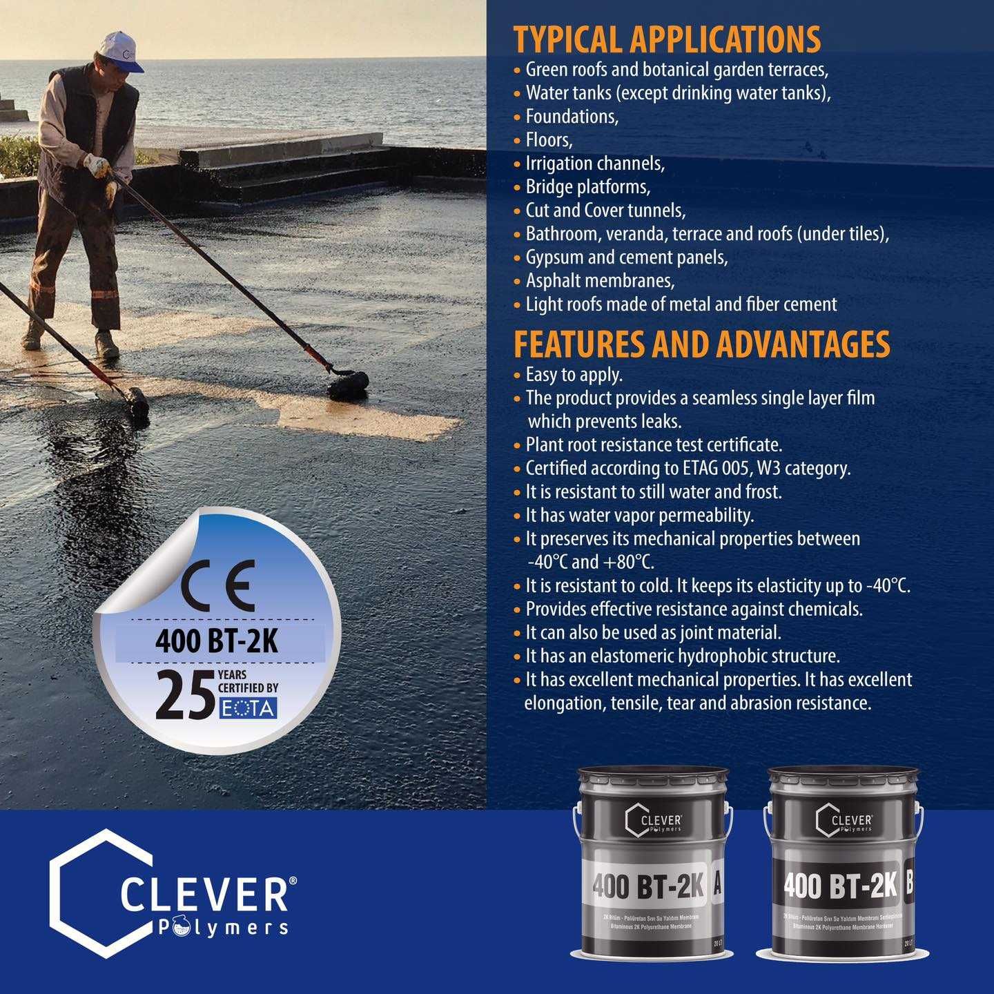 Битумно полиуретановая гидроизоляция Clever Polymers 400 BT 2K