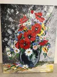 Tablou pictat pe pânză în culori acrilice, vaza cu flori de camp